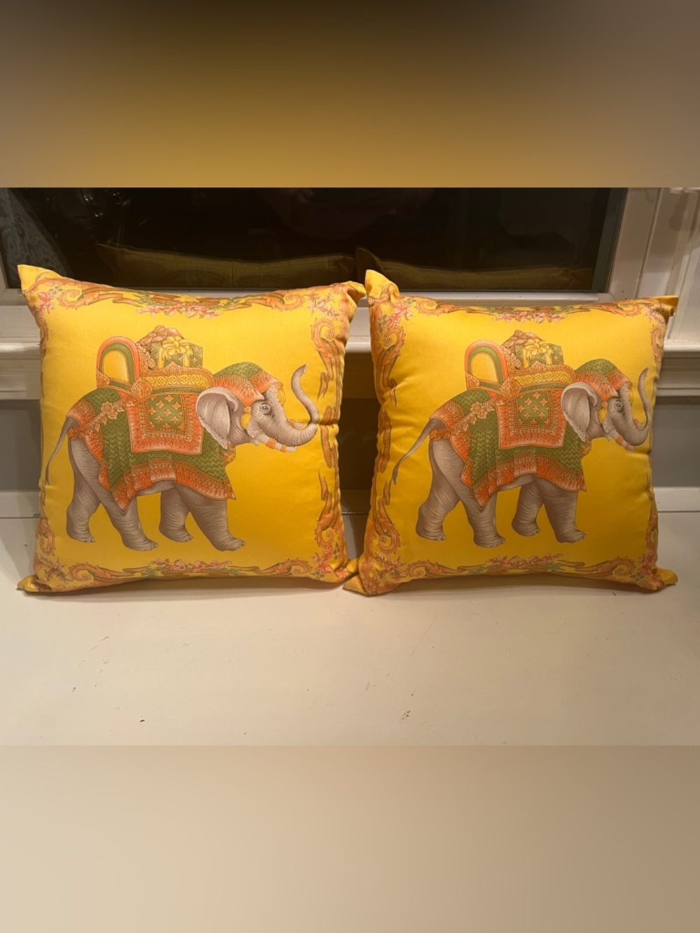 Jim Thompson Thai Yellow Elephant Print Set of 2 Throw Pillows 15 x 15